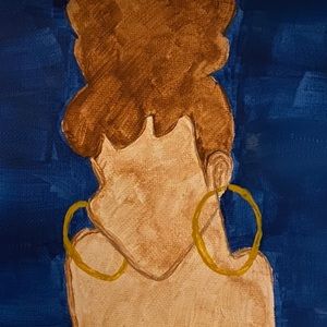 Painting, Girl Painting, Blue Background, Gold Earring, Handmade, Wall Painting